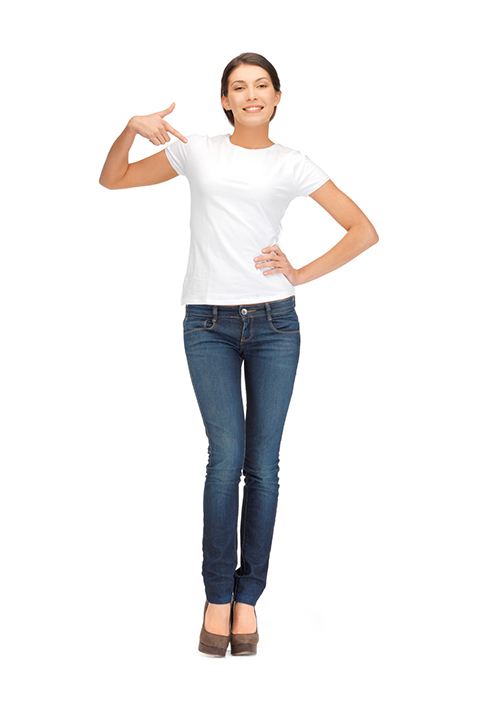 happy woman in white t-shirt pointing finger to herself