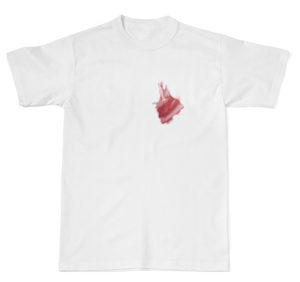 collection of various food stains from ketchup, chocolate, coffee and wine on white t shirt